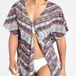 ATHLETA | Silk Blend Kaftan Beach Swimsuit Cover Up Poncho Red Blue Patterned